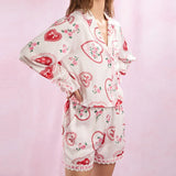 Vevesc Women Slik Satin Lounge Sleepwear 2 Piece Set Heart Print Lace Trim Button Up Blouse Shirt Tops + Shorts Valentine's Day Pajamas