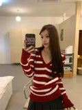 Vevesc Christmas Style Red Pullovers Women V Neck Striped Korean Vintage Harajuku Loose Sweaters Y2k Sueter Mujer Sweet Knitted