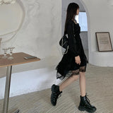 Vevesc Gothic Black Stitching Dress Y2K Summer Ruffles Irregular Dress Lace Chic A Line Dress Korean Puff Sleeves Sexy Slim Dress