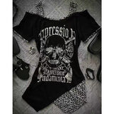 Vevesc Vintage Patchwork Leopard  Y2k Aesthetic Tops Gothic Skull Print Slim T-shirt Women Harajuku Irregular Streetwear Shirts Femme