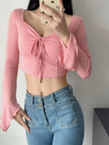 Vevesc 2024 Spring Long Sleeve Sauare Collar T-shirts Ruffled Flare  Slim Cropped Tops Women Y2k Aesthetic All Match Bandage Tees