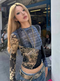 Vevesc Y2k Aesthetic Gauze Patchwork Vitage Plaid T-shirts Grunge Fairy See Through Crop Tops Women Harajuku Slim Fit Streetwear Tees