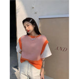 Vevesc Sweet Cropped Sweater Vests Women Patchwork Sleeveless Knitted Waistcoat Streetwear Harajuku Korean Slim Knitwear Jumpers