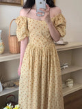 Vevesc  Floral dress women's summer new style retro romantic waist cinching slimming bubble sleeves tea break skirt long skirt