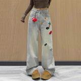 Vevesc  New Knitted Pattern Patchs High Waist Wide Leg Denim Jeans Pant For Woman Cute Washed Blue Pant Soft Comfortable Trousers