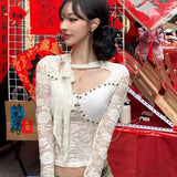 Vevesc Spicy Girls Lace Ribbon Hollow Slim Fit Short Shirt Long Sleeve T-shirt Women Summer New Fashion V-neck Tight Crop Top Women