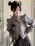 Vevesc Women Grey Gothic Shirts and Blouses Harajuku Y2k 2000s Chinese Style Vintage Elegant Long Sleeve Shirt Top Clothes Autumn