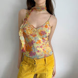 Vevesc Holiday Floral Camis Top With Scarf Sexy Slim V-Neck Sleeveless Crop Tops Women 2024 Summer Fashion Streetwear Ladies