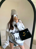 Vevesc O Neck American Letter Print High Street Women Sweaters Pullovers Vintage Loose Preppy Style Sueter Mujer Chic Y2k Patchwork