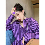 Vevesc Streetwear Striped Shirts Women Korean Oversized Long Sleeve Blouses Bf Office Lady Harajuku Vintage Casual All Match Tops