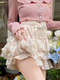 Vevesc Pink Japanese Kawaii Two Piece Set Women Sweet Party Bow Cute Skirt Suit Female Elegant Long Sleeve Cardigan＋Mini Cake Skirt New