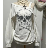 Vevesc American Harajuku Off The Shoulder Sling Loose T Shirts Y2k Aesthetic Skull Print Long Sleeve Spring Sweatshirts Punk Clothes