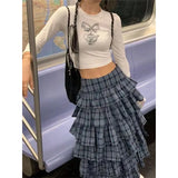 Vevesc High Waist Contrast Color Plaid Loose Mid-Length Skirt Women 2024 Spring New Streetwear Fashion All Match Pleated Cake Skirt