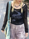 Vevesc Y2k Aesthetic Gauze Rivet Crop Tshirts Women Slim Fit Grunge Fairy Printing T Shirt Harajuku See Through Streetwear Tops