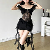 Vevesc Fashion Street Slash Neck Camisole Tops 2024 Summer New Short Sleeve Tops Mujer Y2k Sexy Slim Fit Lace Ruffles Tank Top