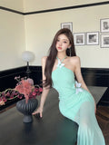 Vevesc  Fairy Halter Long Evening Dresses Women Sexy Butterfly Backless Hollow Out Waist Slim Patchwork Mesh Party Dress Robe
