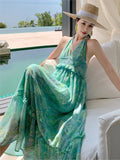 Vevesc Bohemian Dresses Woman Summer Green Strappy Sundress Female Fashion Casual Long Beach Sundress Chic Printed Boho Dress