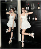 Vevesc  White Patchwork Ruffled Chic Mini Dress Women Elegant Casual Sling Dress Summer Korean Fashion Bodycon Festival Party Dress