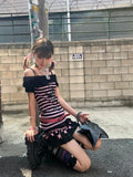 Vevesc Y2k Aesthetic Harajuku Streetwear Shirts Harajuku Off The Shoulder Spliced Striped Constrast Color Tops Suncultural Punk Clothes