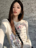 Vevesc Y2k Aesthetic Vintage White Casual Hooded Tops T-shirt Women Streetwear Letter Print Harajuku Tshirts All Match Grunge T-shirt