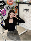 Vevesc Coquette Lace T-shirts Women Y2k Aesthetic Black Long Sleeve T Shirts Korean Fashion Slim Corset Crop Tops Female Sexy