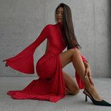 Vevesc Open Back Sexy Split Maxi Dress Elegant Outfits for Women Chic Flare Sleeve Party Club Fashion Red Dresses Vestido