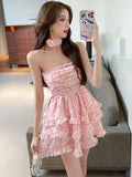 Vevesc  Women Pink Chiffon Print Chic Ruffled Pleated Bodycon Dress Summer Elegant Chest Wrapping Dress 2025 Korean Fashion Casual Dress
