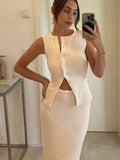 Vevesc  Knitted Solid Women Vest Sets O Neck Sleeveless Lady Tank Outfits 2025 Spring Summer Elegant High Waist V Neck Female Skirt Suit