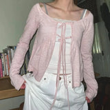 Vevesc  Y2k Pink Stripes T Shirt for Women Spring Autumn Thin Korean Fashion Ropa De Mujer Lace Up Simple Retro Camisetas
