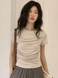 Vevesc Fairy Grunge Pleated Solid Vintage T-shirt Summer Y2k Aesthetic Short Sleeve Crop Tops Harajuku Slim Tshirt New Streetwear