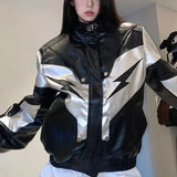 Vevesc Jacket Bomber Black Women Varsity New Outerwear Leather Jackets Lightning American Y2k Racing Oversize Baseball Jacket