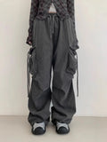 Vevesc American Vintage Pocket Casual Cargo Pants Y2k E-Girl High Waist Lace Up Straight Trousers Spring New Loose Wide Leg