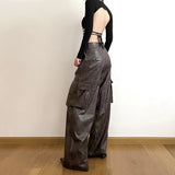 Vevesc Brown Classic  leather Retro All-match Casual High Street Fashionable Cool Confident Youth Hip-hop Women Autumn Straight Leg Pants