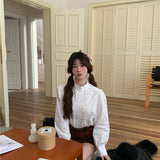 Vevesc  Women Shirts Puff Sleeve Solid Stand Collar Vintage Sweet Solid Blouses Lace Ruffles Autumn Winter Korean Blusas Mujer