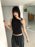 Vevesc Korean Sexy Solid Bandage Pleated Tanks Women Drawstring Vintage Harajuku Crop Top Streetwear Y2k Aesthetic Casual Tank Vests