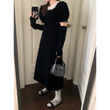 Vevesc Korean Retro Velvet Elegant Puff Sleeve Dress Women 2024 Spring New O-neck Contrast Color Patchwork A-line Dress with Sleeves