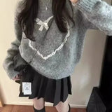 Vevesc Lace Heart Pullovers Sweaters Knitted Women Y2k Preppy Style American Vintage Sueter Mujer Gray Loose O Neck Tops