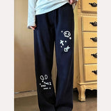 Vevesc Japanese Straight Sweet Kawaii Cartoon Print Women High Waist Casual Preppy Style Trousers Y2k Wide Leg Pants