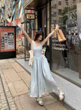 Vevesc  New Women Blue Patchwork Sleeveless High Waist Pleated Vest Dress Summer Fashion Sexy Backless Elegant Holiday Long Dress Casual