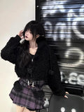 Vevesc Sweet Cool Japan High Street Punk Two Piece Sets Warm Solid Y2k Aesthetic Zip Up Subcultural Cardigan Spliced Plaid Girl Skirts