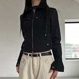 Vevesc Streetwear Vintage Solid Rivet Grunge Crop Coats Women Loose Y2k Aesthetic Zipper Jacket Casual Harajuku Pocket Tops Streetwear
