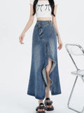 Vevesc Women Blue Gothic A-line Long Denim Skirt Vintage Y2k Skirt Harajuku Korean Fashion A-line Jean Skirts Emo 2000s Trashy Clothes