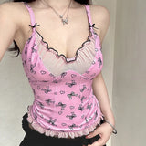 Vevesc Sweet Patchwork Mesh Camis Top See Through Sexy Slim V-Neck Sleevelkess Tank Tops Women 2024 Summer Fashion Streetwear