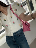 Vevesc V-neck Contrast Color Cardigan Floral Embroidery Loose Short Puff Sleeve Sweater Crop Top Korean Fashion Womens Clothing