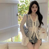 Vevesc Women's Lace Blouse V-neck Mesh See-through Chiffon Sunscreen Cardigan Tops Summer Waist Tie Flared Sleeve Shirt Jacket