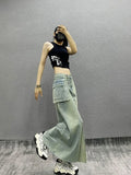 Vevesc Women's A-line Denim Skirt Vintage 90s Aesthetic Y2k Long Cowboy Skirt Harajuku Korean Emo Jean Skirt 2000s Clothes