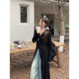 Vevesc Streetwear Black Midi Dress Women Y2K V Neck Tunic Robe Korean Fashion Long Sleeve Slim All Match One Pieces Dresses New