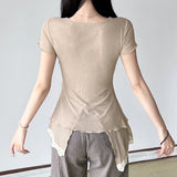 Vevesc  Multi Layered Asymmetric Top Women Contrast Color Lace Patchwork Short Sleeve T-shirt Fairycore Grunge Slim-fitting Tee