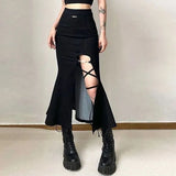 Vevesc Gothic Black Sexy Split Midi Skirts Y2K Summer Korean Slim Bandage A Line Skirts Female High Waist Streetwear All Match Skirts