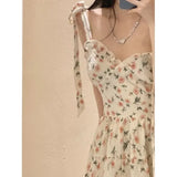 Vevesc Summer New Floral Pleated Slip Dress Off Shoulder Sleeveless Lacing Loose Printing Sweet Mini Dress Sexy Fashion Women Clothing